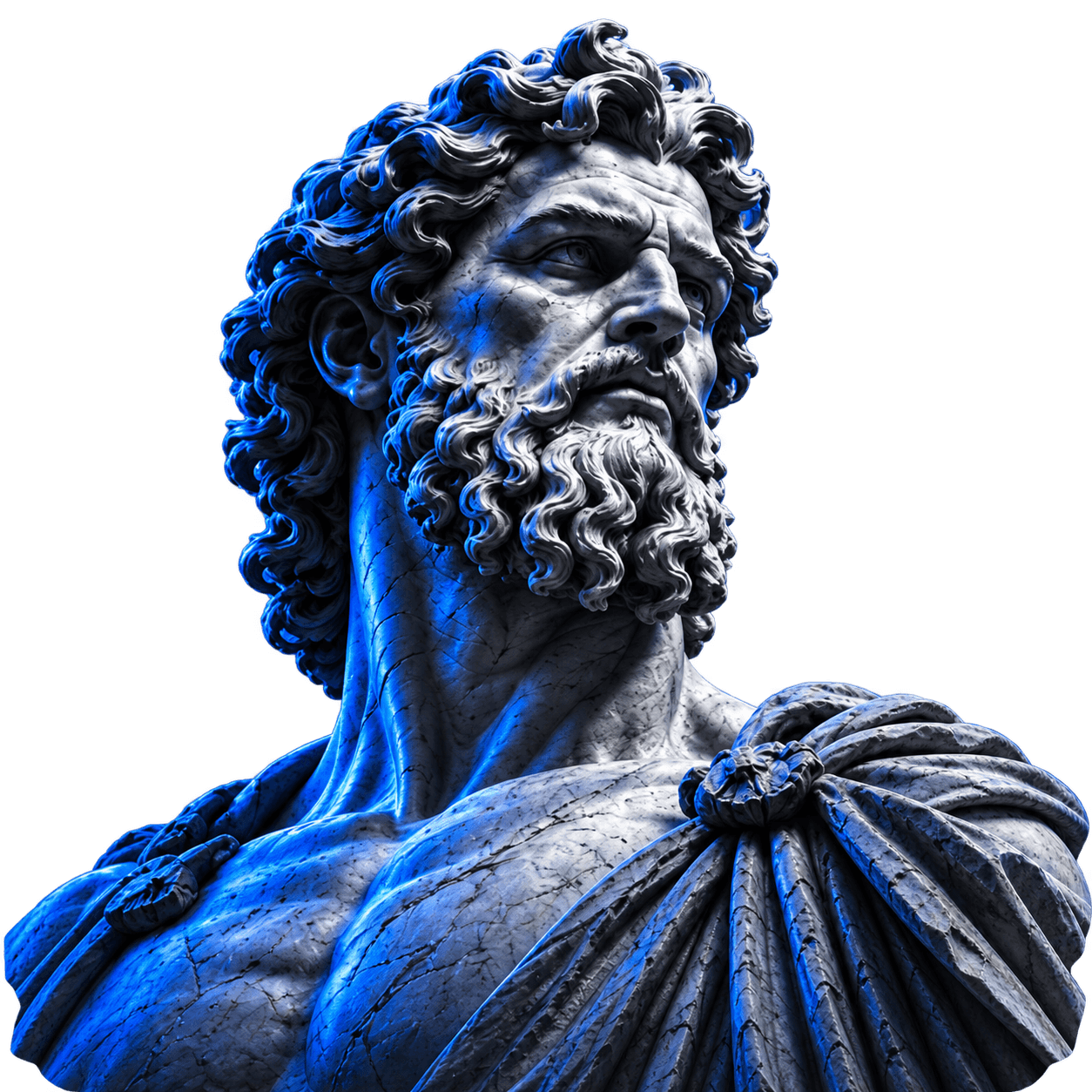 Marble sculpture of Zeus lit in cobalt blue