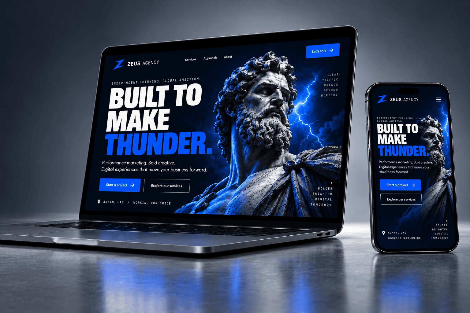 Website exploration: the ZEUS AGENCY homepage concept shown on a laptop and a phone