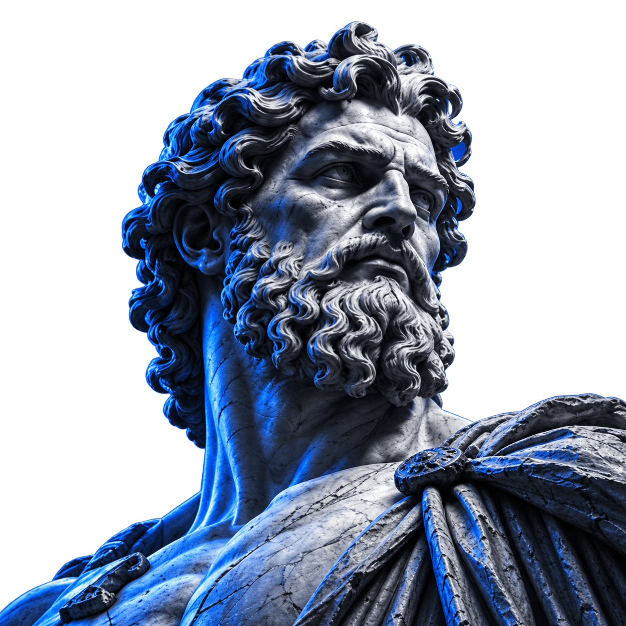 Marble sculpture of Zeus lit in cobalt blue against a storm sky
